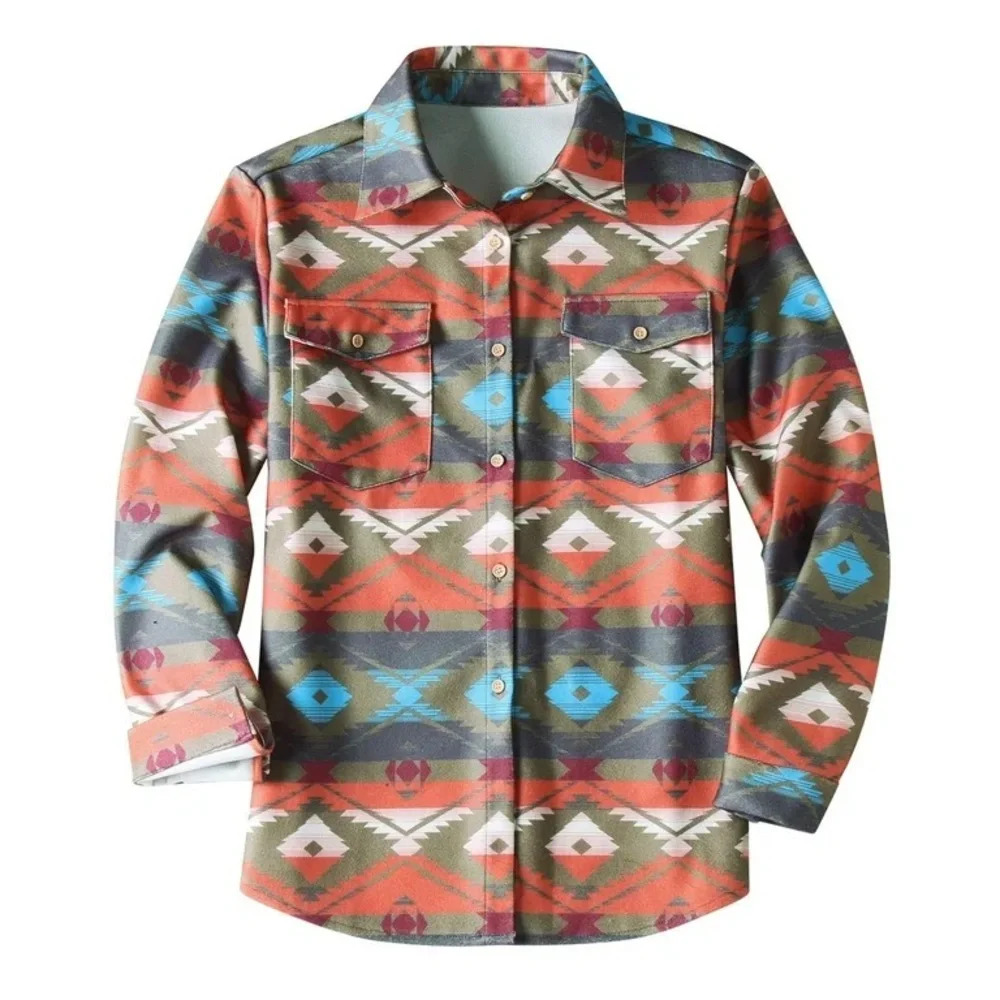 Women's Western Geometric Print Long Sleeve Button Down Shirt Jacket - Picture 4 of 4